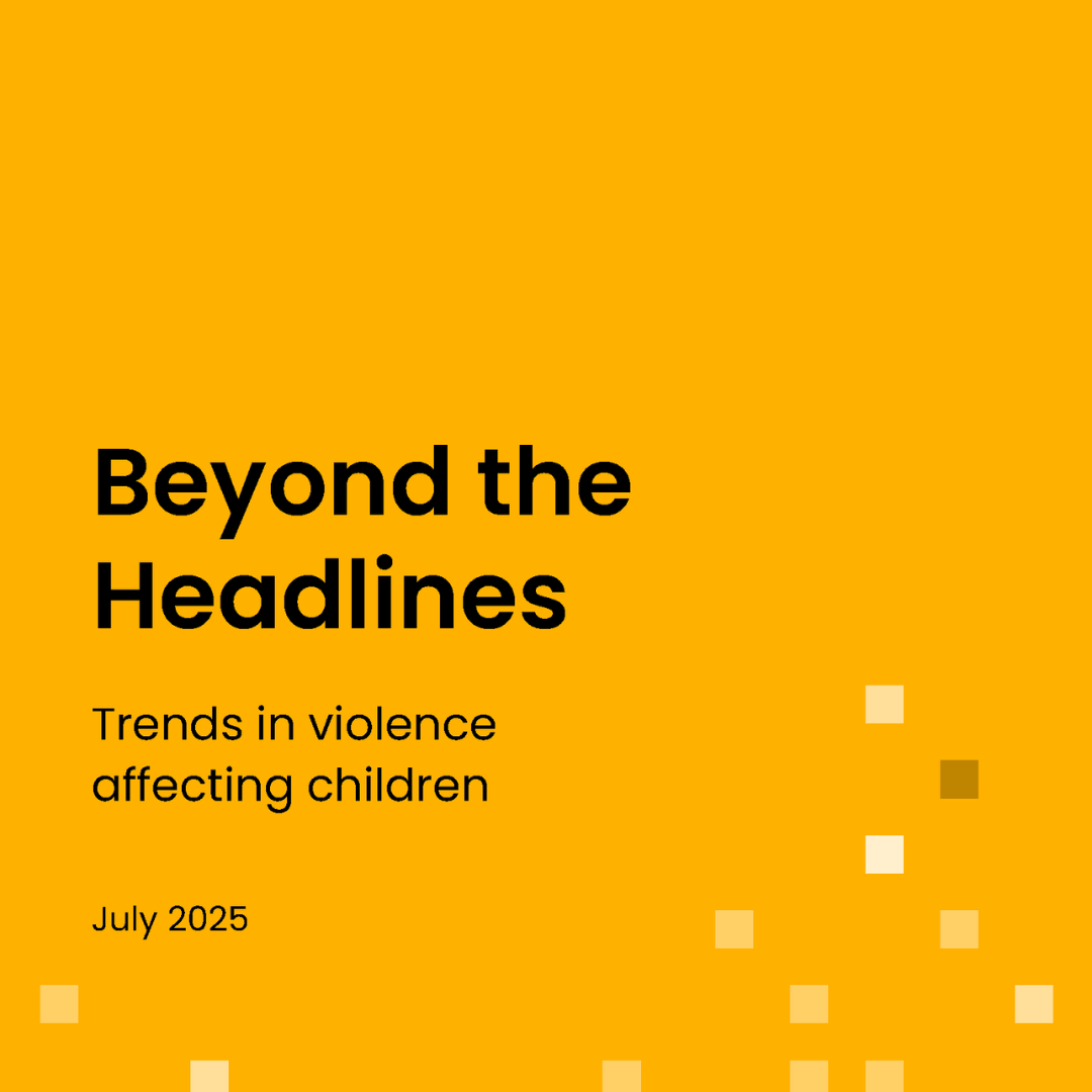 Report cover of 'Beyond the Headlines'. A orangery gold yellow cover with a modern black font that reads Beyond the Headlines: Trends in violence affecting children'. From the bottom up, there are a variety of shaded squares that filter off to create a digital pattern.
