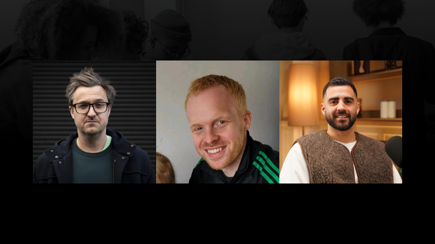 Three head shots, side by side. Features Luke Billingham, Ali Fraser, and Ciaran Thapar. In the background, the bottom half is black, which then fades into an images of a group of teenagers in a stairwell.